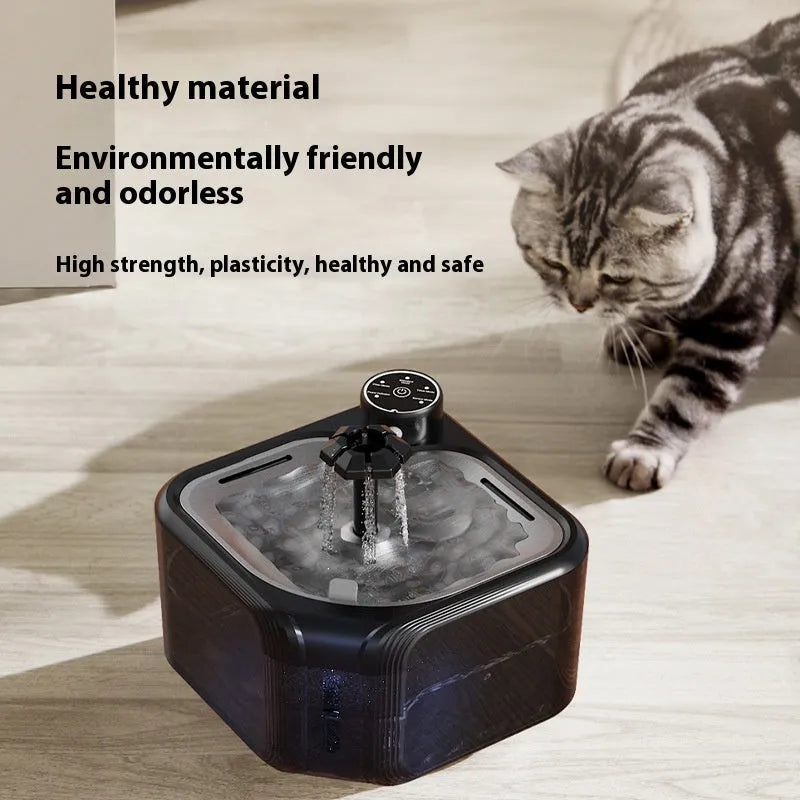 Stainless steel automatic pet water dispenser with wireless induction water outlet, available in white, black, or transparent