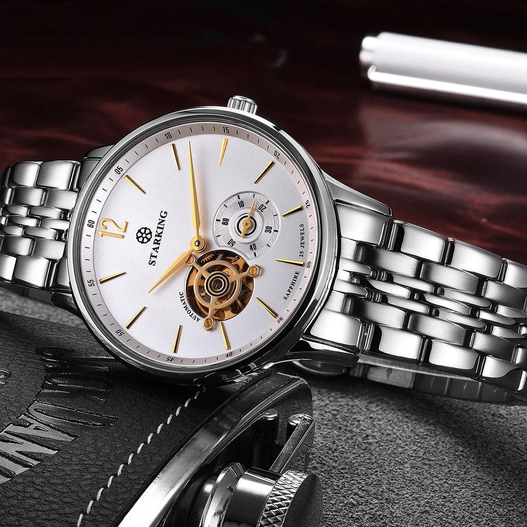 Men's automatic mechanical watch with brown leather strap, white dial, and stainless steel case.