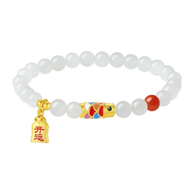 S925 sterling silver bracelet with natural Hetian jade beads and koi cold enamel design