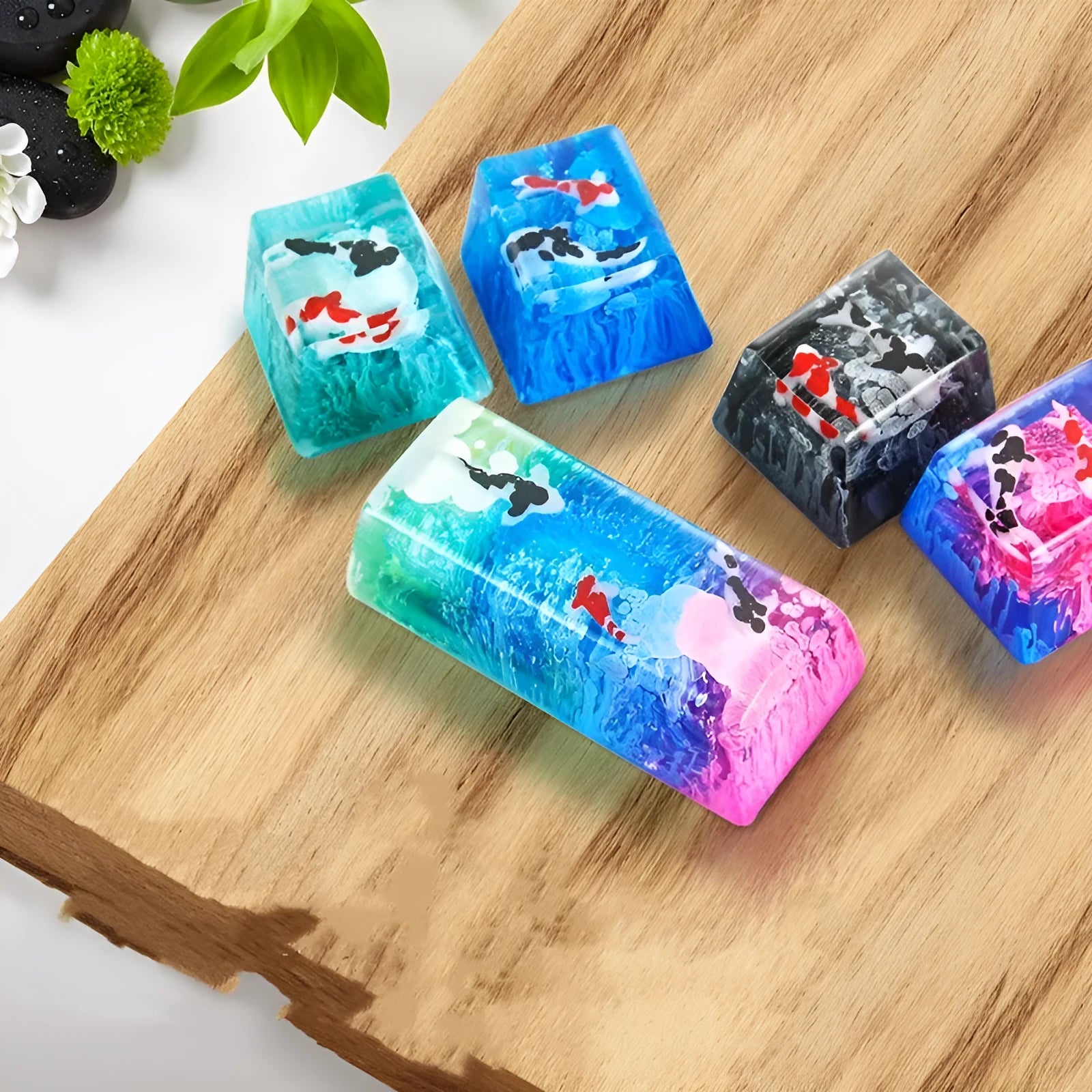 Resin keycap with koi fish and scenery artwork for Cherry MX mechanical keyboard switches