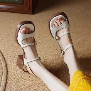 Women's beige retro platform sandals with open square toe and rubber sole.