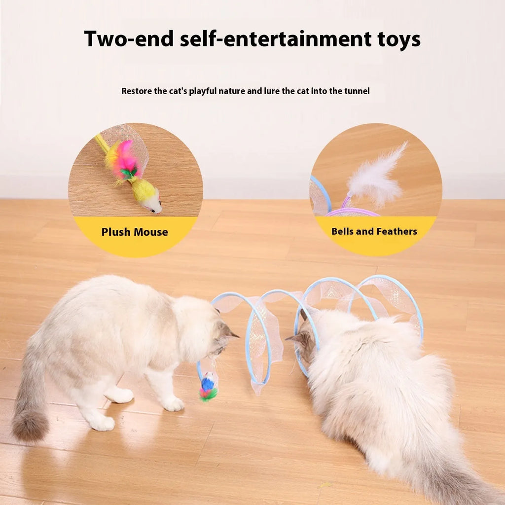 Grey steel frame cat tunnel with elastic netting and attached feather toy for indoor play