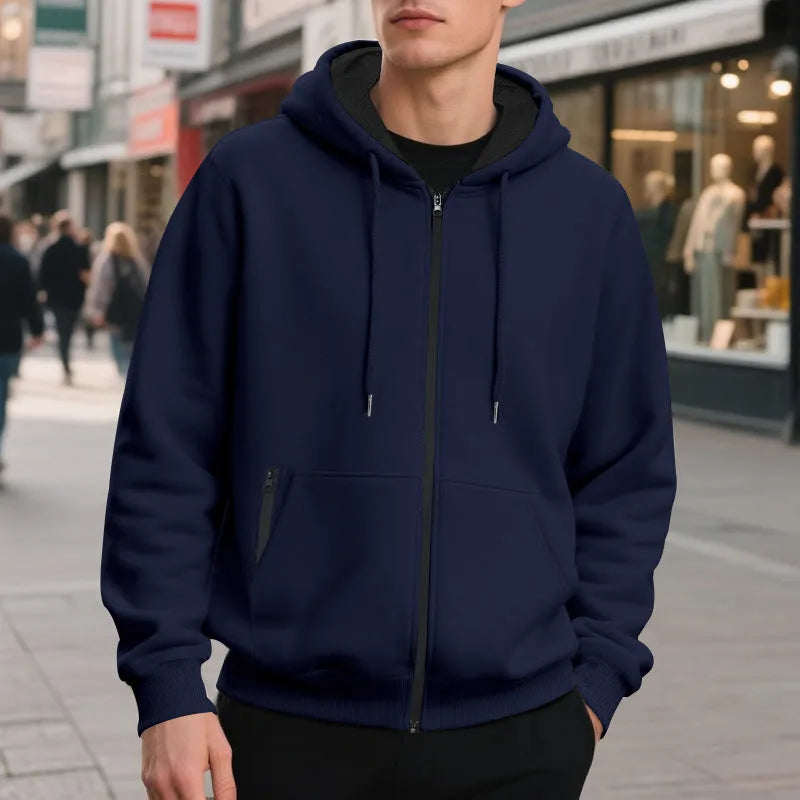 Men's fleece-lined loose drawstring hooded zip-up sweater in six colour options and sizes S to XXXL
