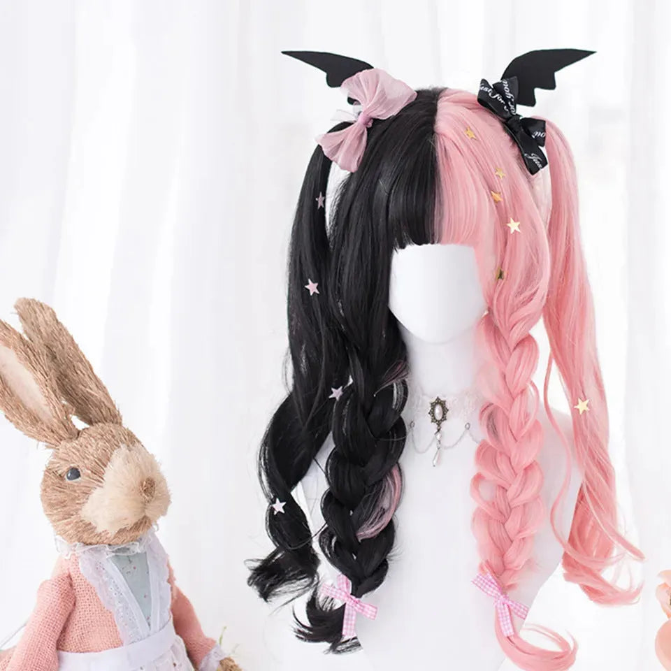 Harajuku Lolita long curly black and pink wig with bangs on a mannequin head