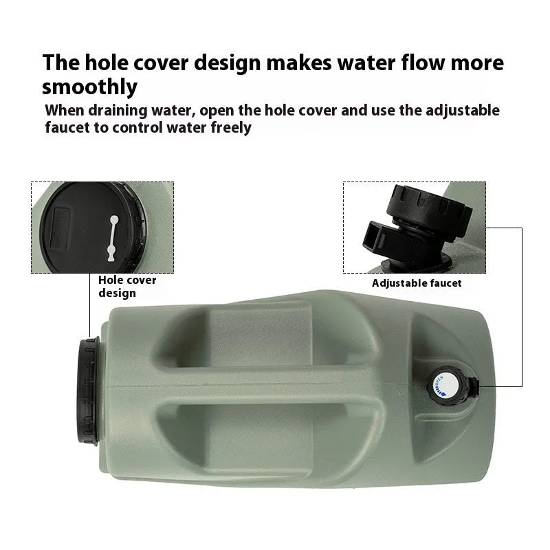Green portable water storage tank with 13L and 18L capacity options for camping and household use