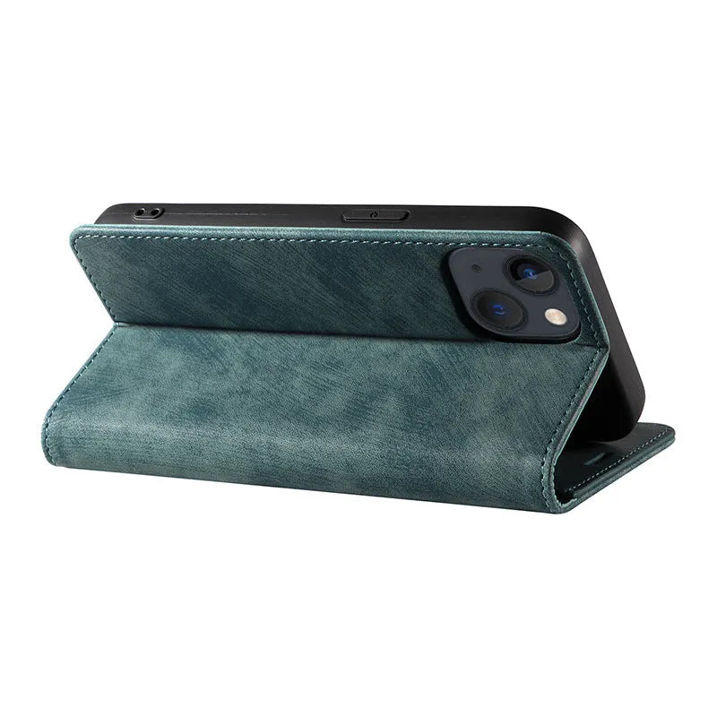 Magnetic flip wallet phone case for iPhone in grey, showing card slots and closed magnetic clasp.