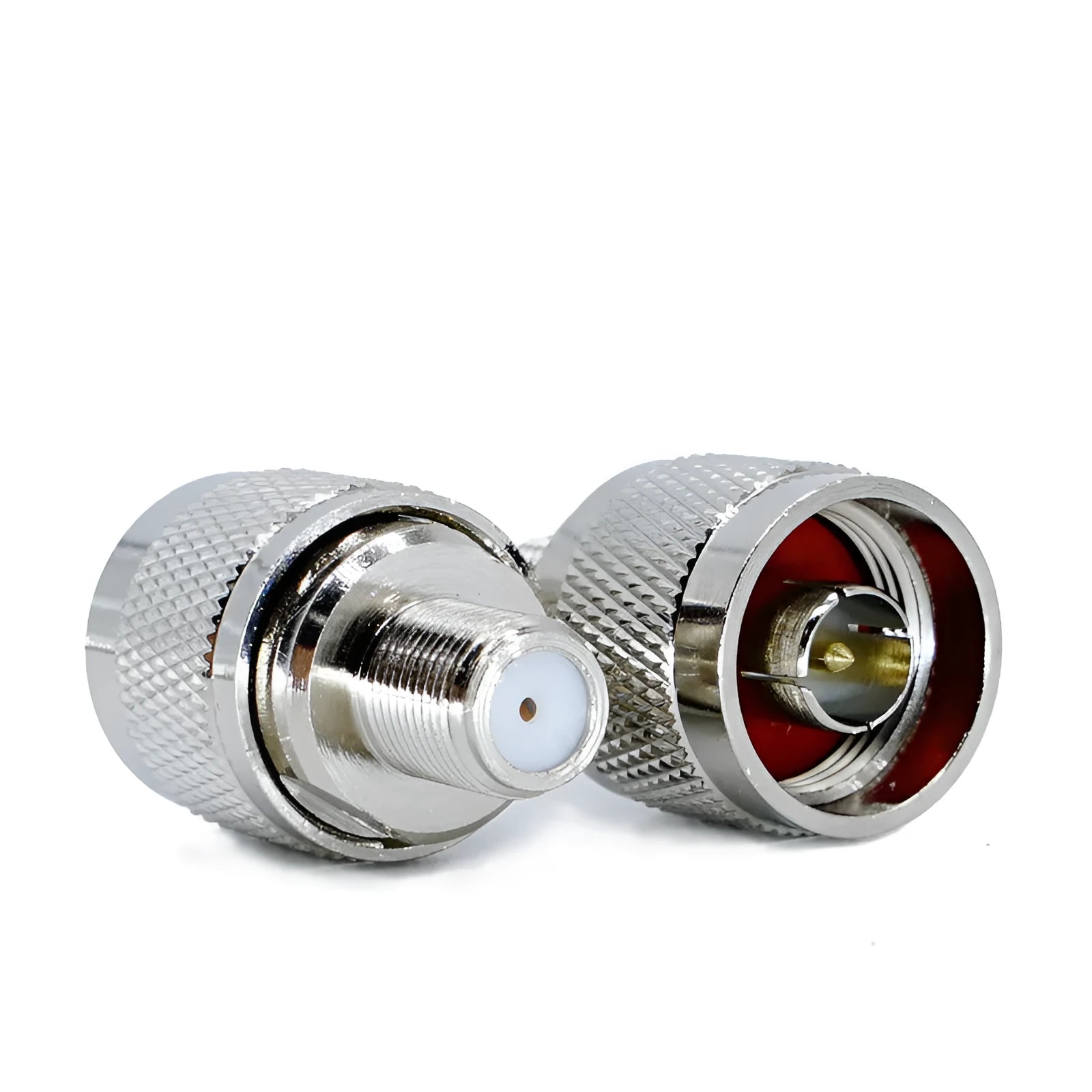 Silver metal RF coaxial F-head converter with threaded connection, 3x1.8cm