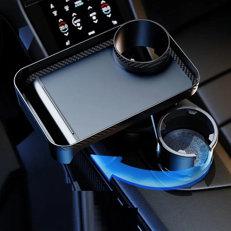 Black ABS plastic car-mounted rotating dinner tray holder installed in a vehicle cup holder.