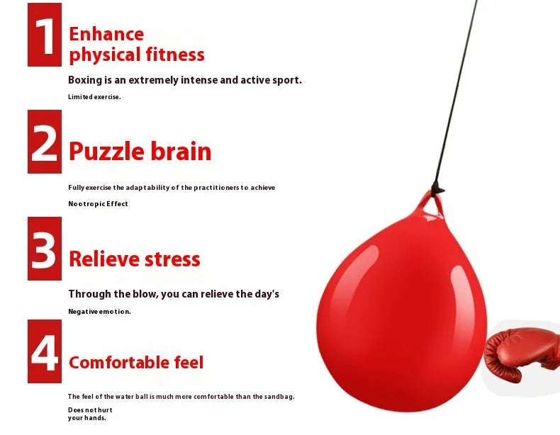 Red water-filled PVC boxing reaction ball with hook rope sling for combat sports training