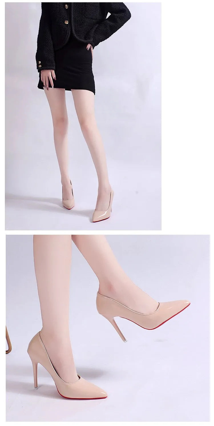 Solid colour women's pointed toe pumps with a stiletto heel on a rubber sole.