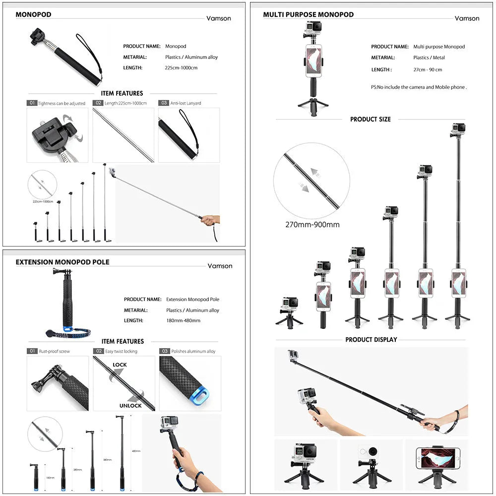 Action camera mount bracket set with PC material clips for handlebar, tripod, and helmet, compatible with 84 models