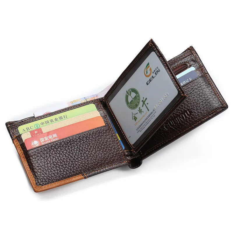 Soft brown cowhide men's wallet with contrast stitching, shown open to reveal card slots, zip compartment, and bill holder.