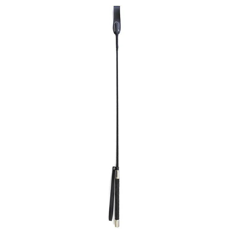 Black PU leather straight riding whip with non-slip handle and wrist strap, 70cm length option
