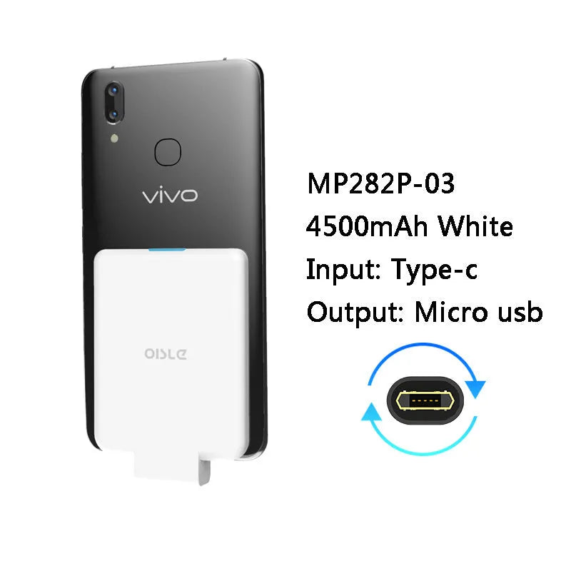 MP282P back clip battery power bank in multiple colours next to a smartphone.