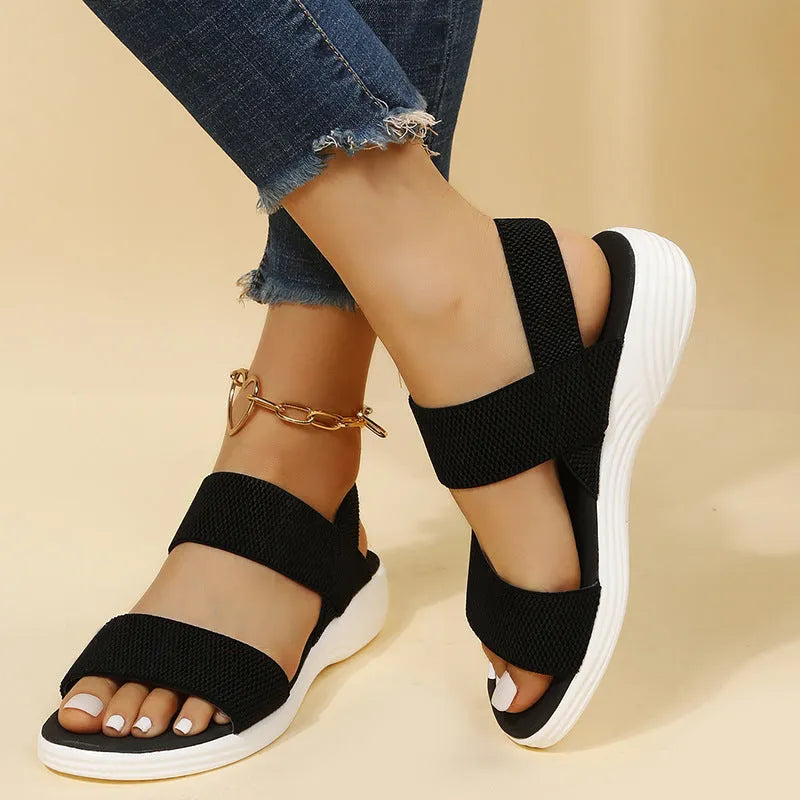 Women's platform beach sandals double strap Roman style round toe faux leather solid colour black elastic slip on shoe