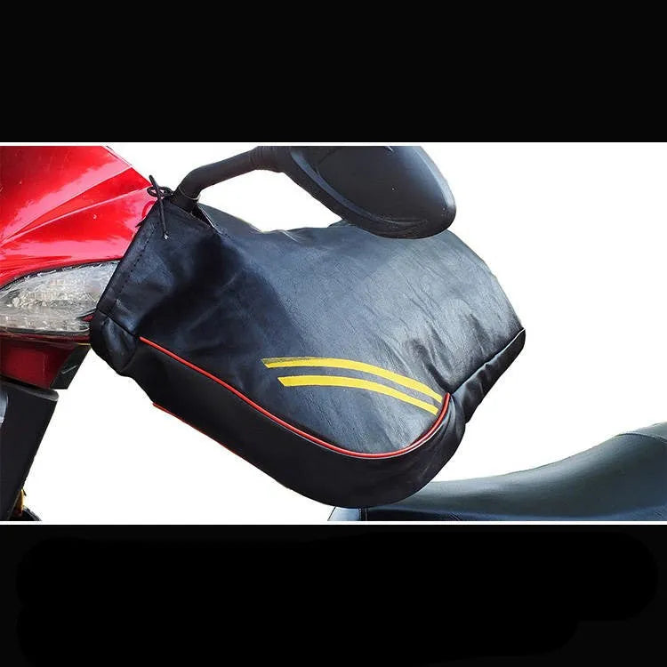 Black leather motorcycle handlebar muffs with widened sleeve mouth for winter scooter and curved beam bike use
