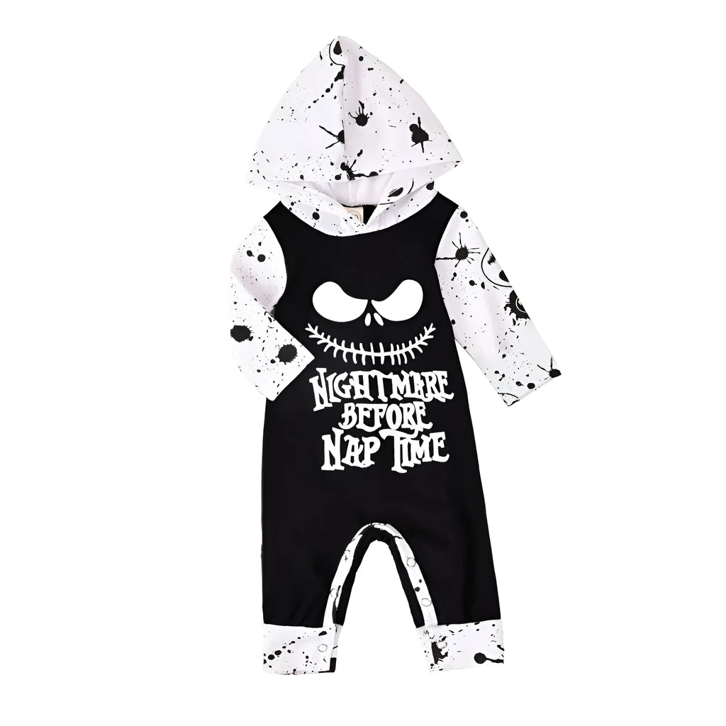 Halloween cotton romper costume with hood and long sleeves in black or brown colour