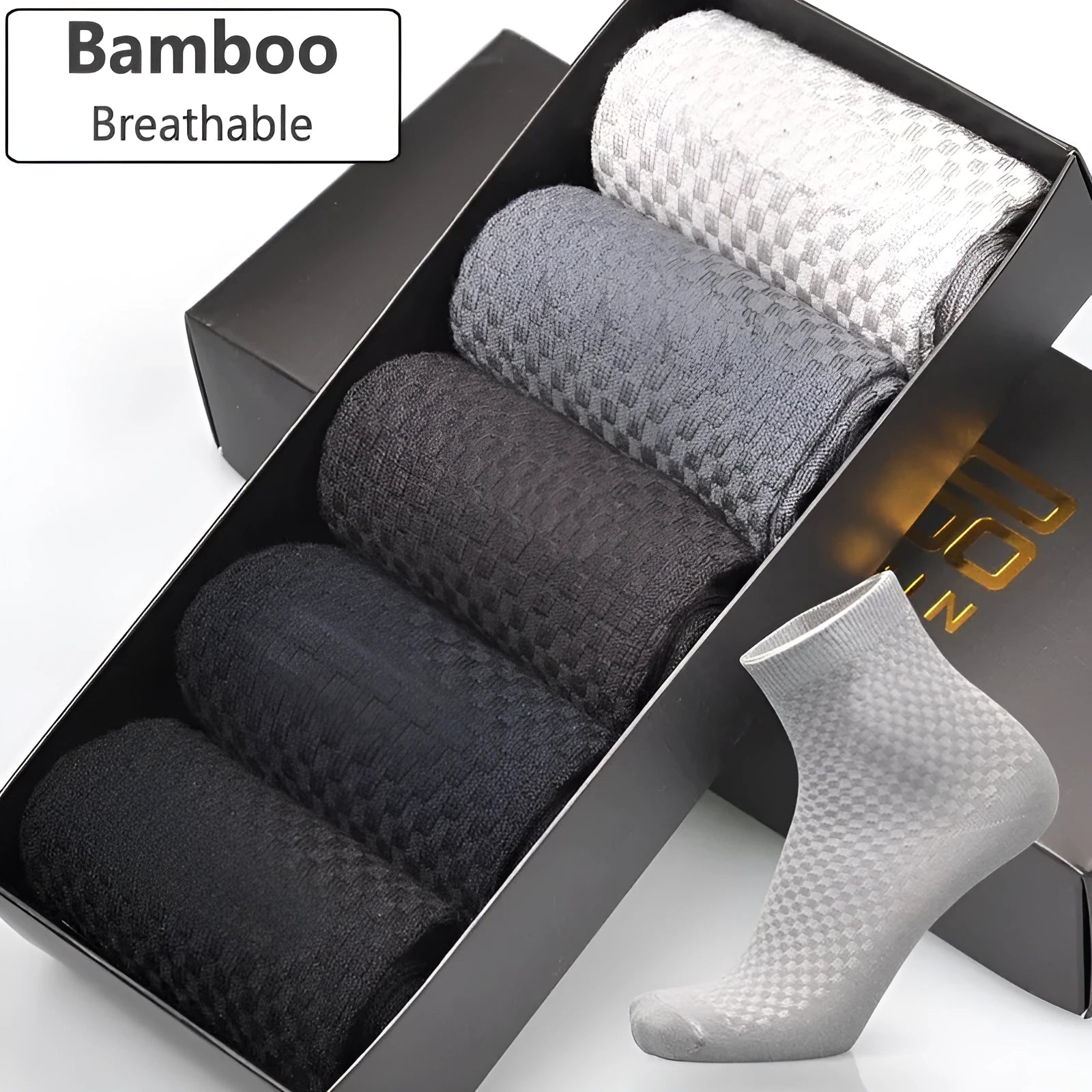 Men's bamboo fibre socks with a small square pattern in five colour options.