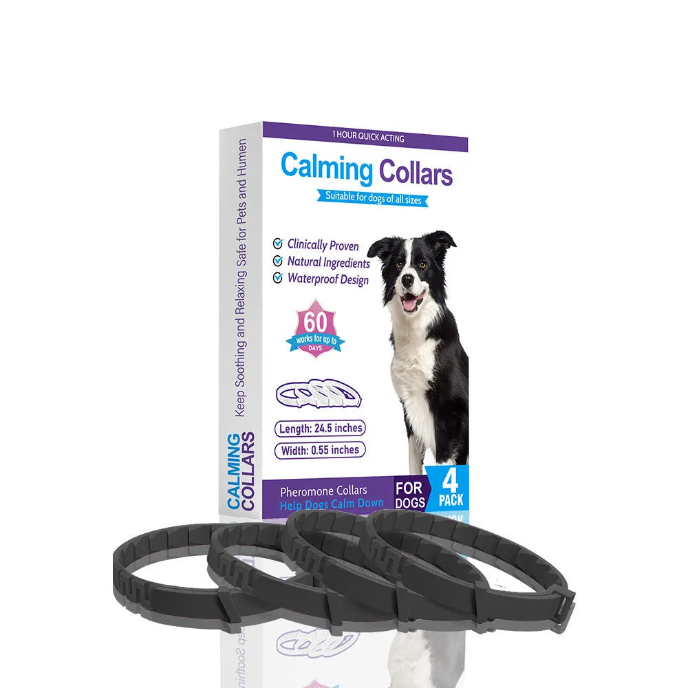 Four-pack of monochrome patterned dog anxiety relief collars in assorted colours on a white background.