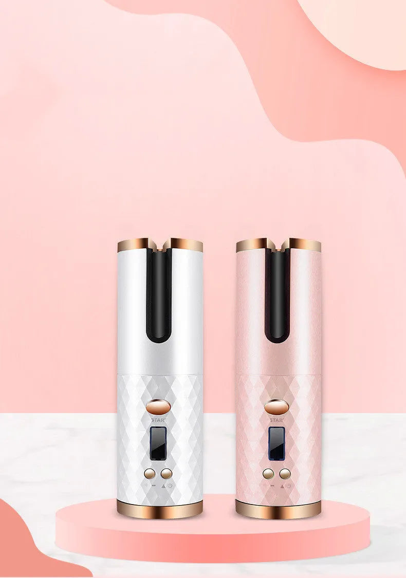 Rechargeable cordless automatic hair curler with LCD display showing temperature settings on ceramic barrel