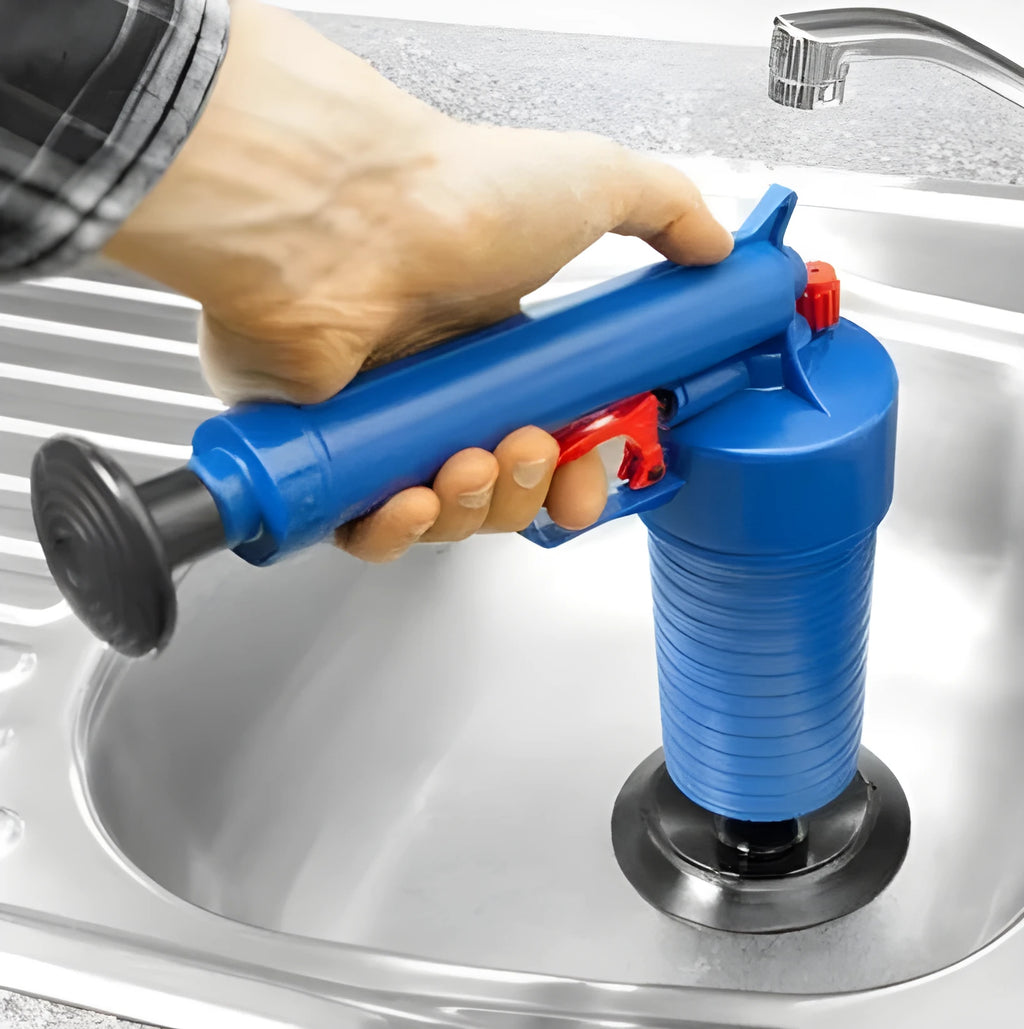 Air Power Drain Blaster Gun with four different sized adaptor suction cups for clearing blocked pipes