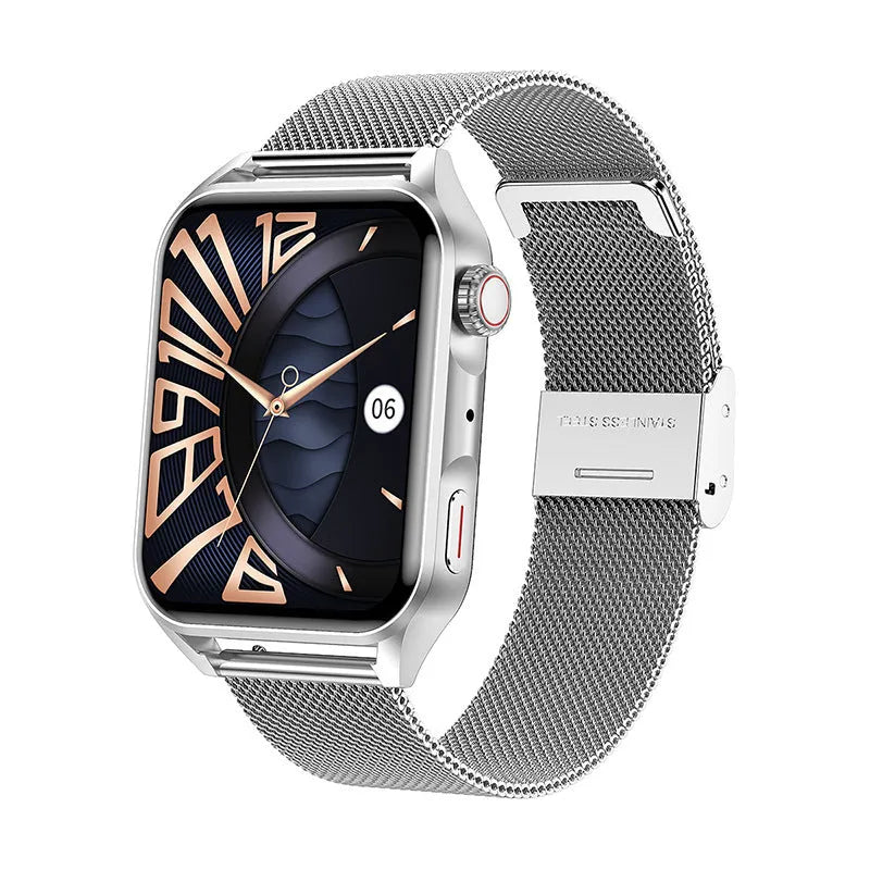 Pink smart watch with AMOLED screen and silicone strap on a wrist, showing a multi-dial watch face.