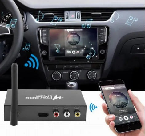 Black car mirror link box with power cable, AV cable, antenna, and user manual.