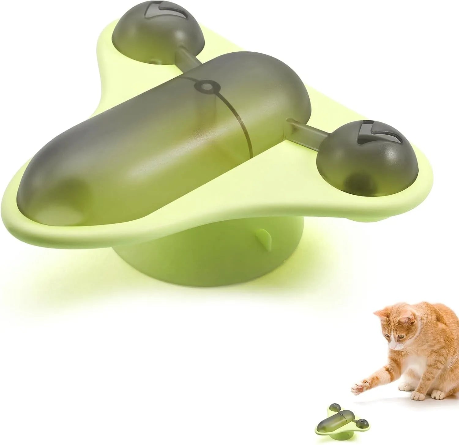 Blue interactive pet puzzle toy with spinner, bell, catnip and snack cabin on a smooth floor.