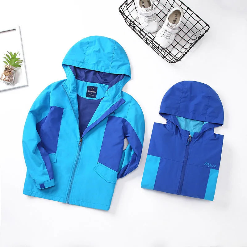 Boys' thin blue acetate jacket with long sleeves and front zipper for children over 140cm tall