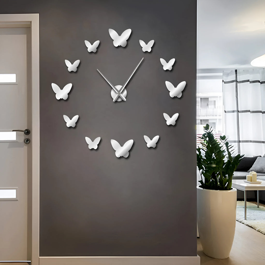3D mirror wall clock butterfly design round Scandinavian style black gold silver home decor
