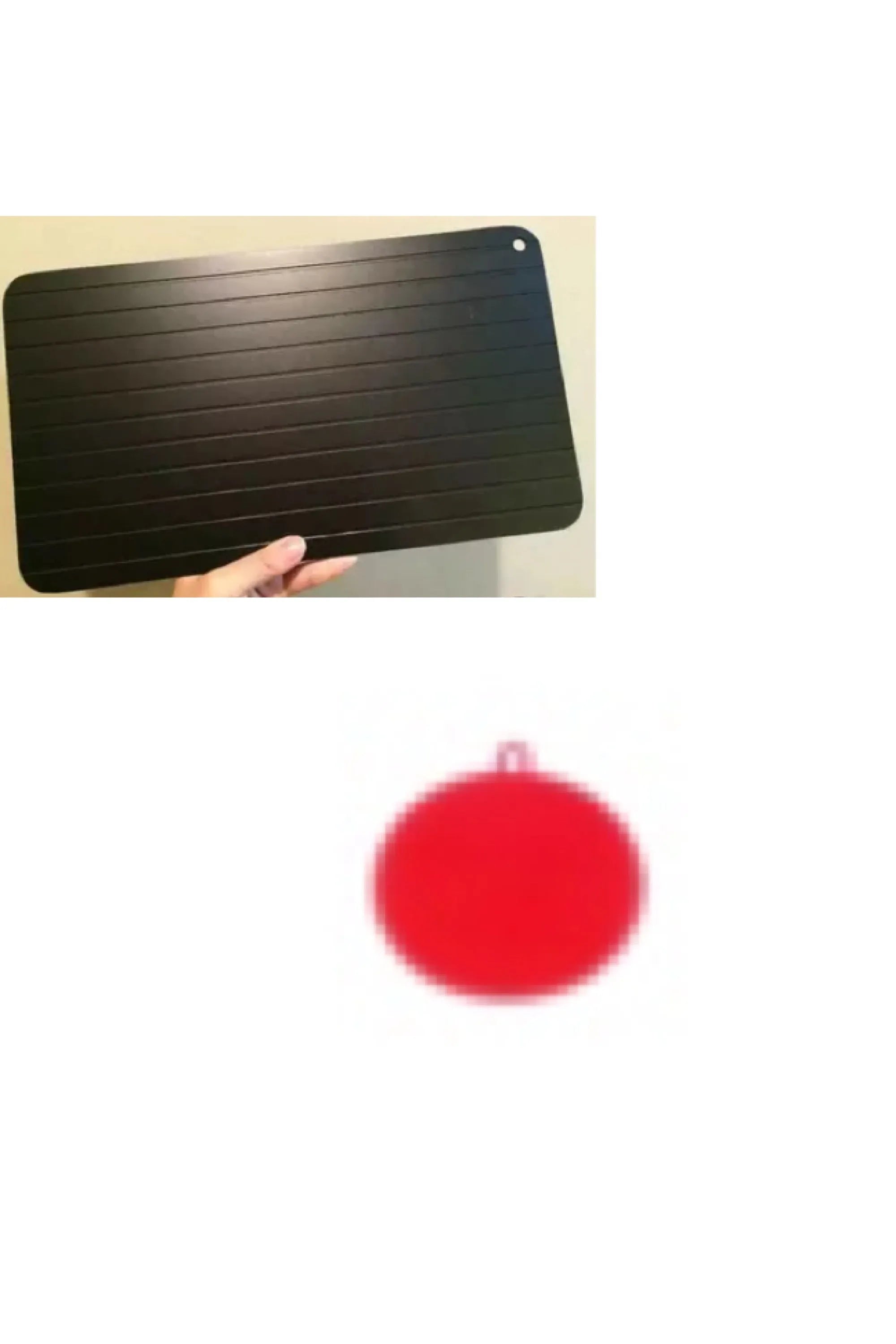Black aluminium kitchen defrosting tray for thawing frozen meat and food without electricity