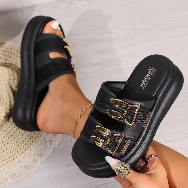 Women's thick-bottom slippers in apricot, black and off-white with suede uppers and rubber soles