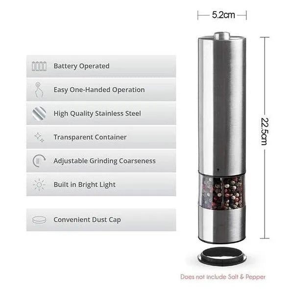Electric stainless steel pepper grinder with natural colour finish on a kitchen counter