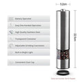 Electric stainless steel pepper grinder with natural colour finish on a kitchen counter