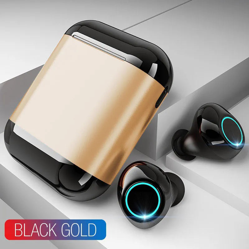 Bluetooth TWS wireless earphones in black, gold and light grey colours showing compact in-ear design