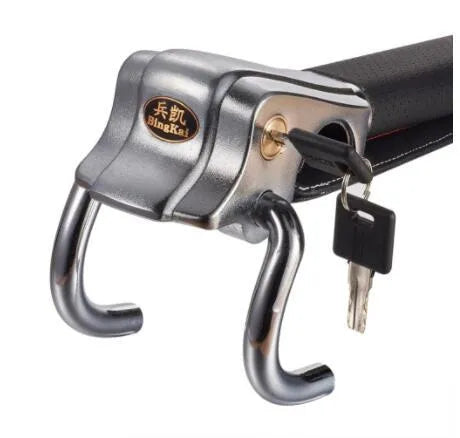 Black car steering wheel lock with alarm, alloy body and artificial leather handle, folded for storage