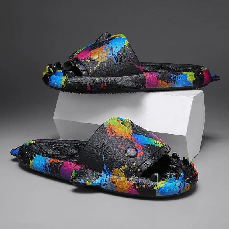 Shark-themed couple EVA slippers in open-toe style on a colour selection background.