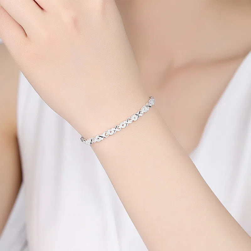 Sterling silver geometric zircon bracelet for women, silver colour, copper electroplated construction