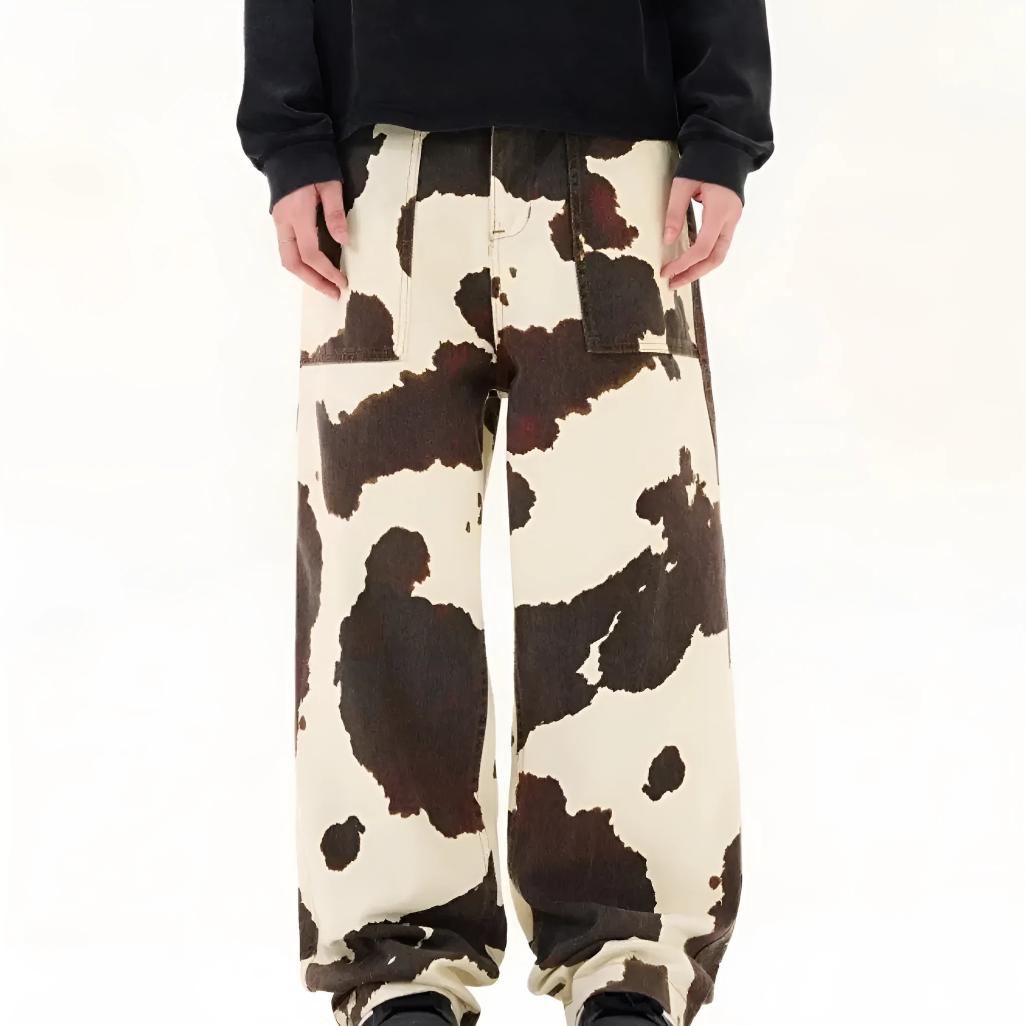 Men's American retro cow pattern straight-leg trousers in 7698 colour with button cardigan opening