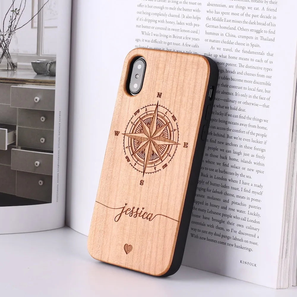 Solid wood carved protective phone case for iPhone models, brown finish with PC frame