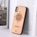 Solid wood carved protective phone case for iPhone models, brown finish with PC frame