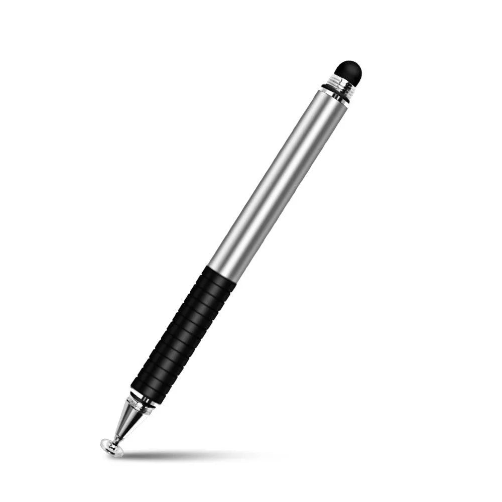 Two-in-one capacitive stylus pen with metal body and round and cloth tips for touchscreen phones and tablets