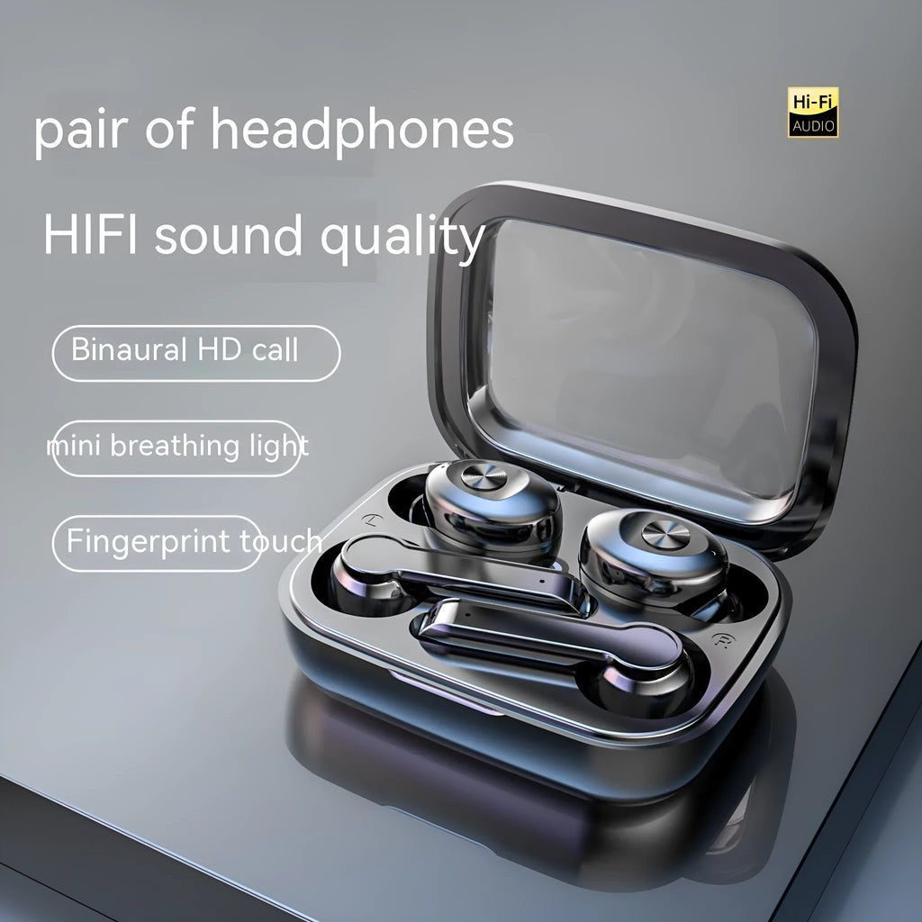 XG15 Bluetooth wireless dual headset in black with charging case and three ear cap sizes