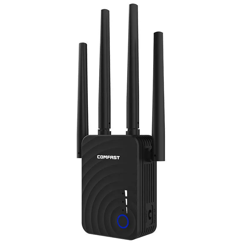 AC1200 dual band WiFi range extender with four antennas and four Ethernet ports in black colour