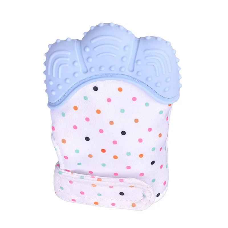 Baby silicone teething glove with Velcro strap in a smiley face yellow design.