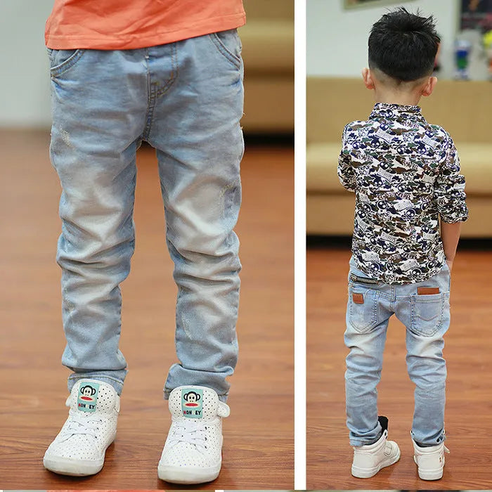Boys striped denim harem trousers with elasticated waistband for spring and autumn casual wear