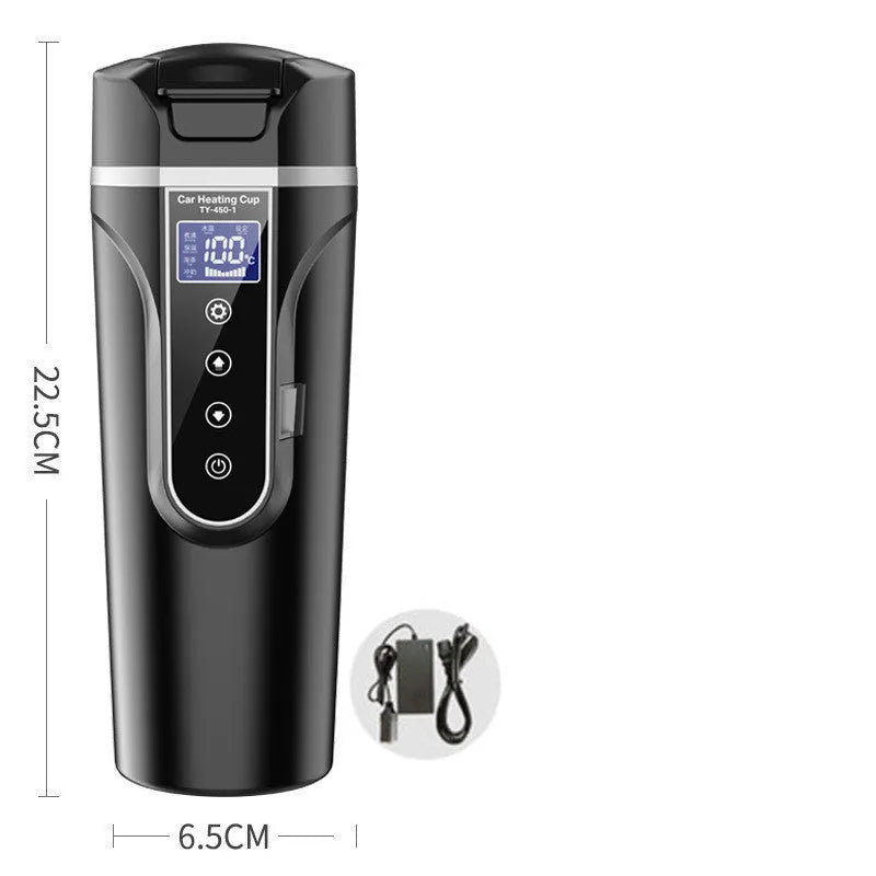 Black car electric heating cup with 400ml capacity, food grade 304 stainless steel inner lining, and power cord placed on a car seat
