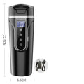 Black car electric heating cup with 400ml capacity, food grade 304 stainless steel inner lining, and power cord placed on a car seat