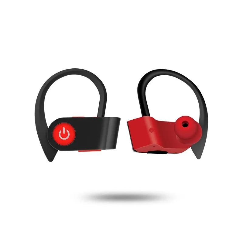 Black wireless Bluetooth earphones with ergonomic design and inline controls for V5.0 connectivity.