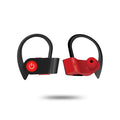 Black wireless Bluetooth earphones with ergonomic design and inline controls for V5.0 connectivity.